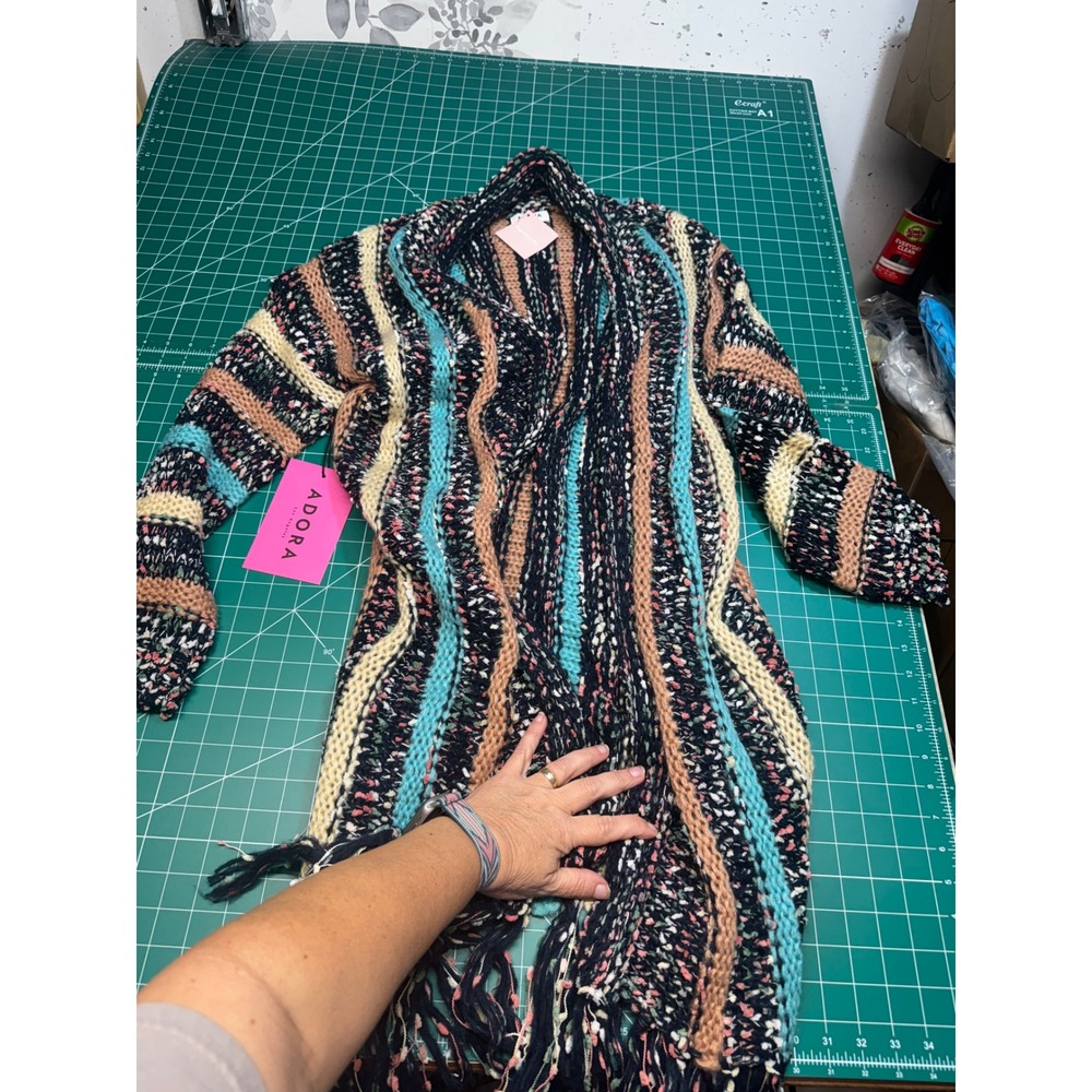 Adora Impressions Boutique Multi Color Striped Fringe Hem Knit Cardigan Small